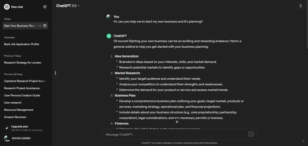 ChatGPT AI business plan generator
