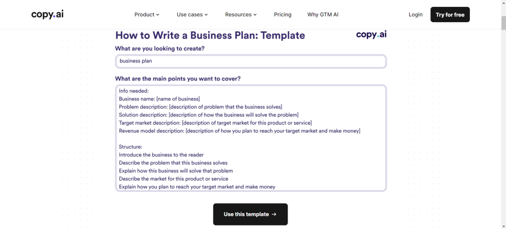 Copy AI business plan generator