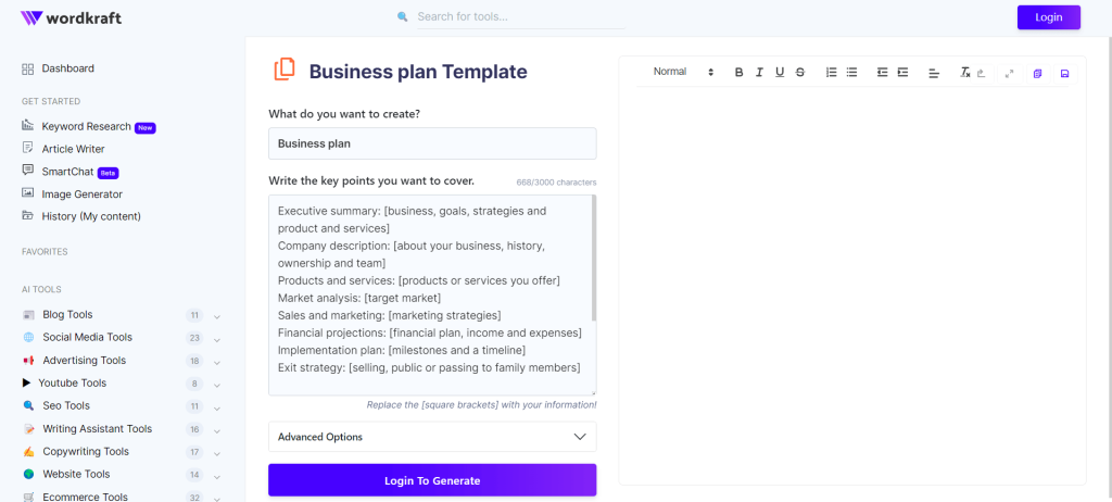 wordkraft AI business plan generator